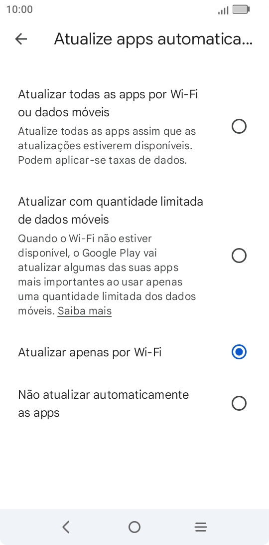 Para ativar a atualização automática de apps via redes móveis, prima Atualizar todas as apps por Wi-Fi ou dados móveis.