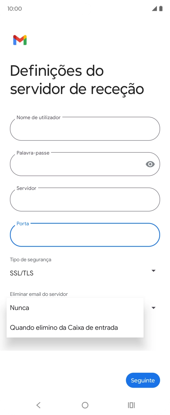 Prima Nunca para manter os e-mails no servidor quando estes são apagados no telefone.