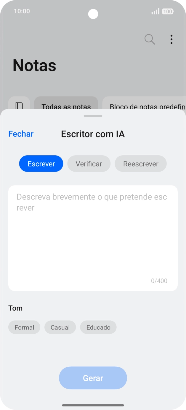 Prima o campo de escrita e insira o texto pretendido, o assunto pretendido ou algumas palavras chave.