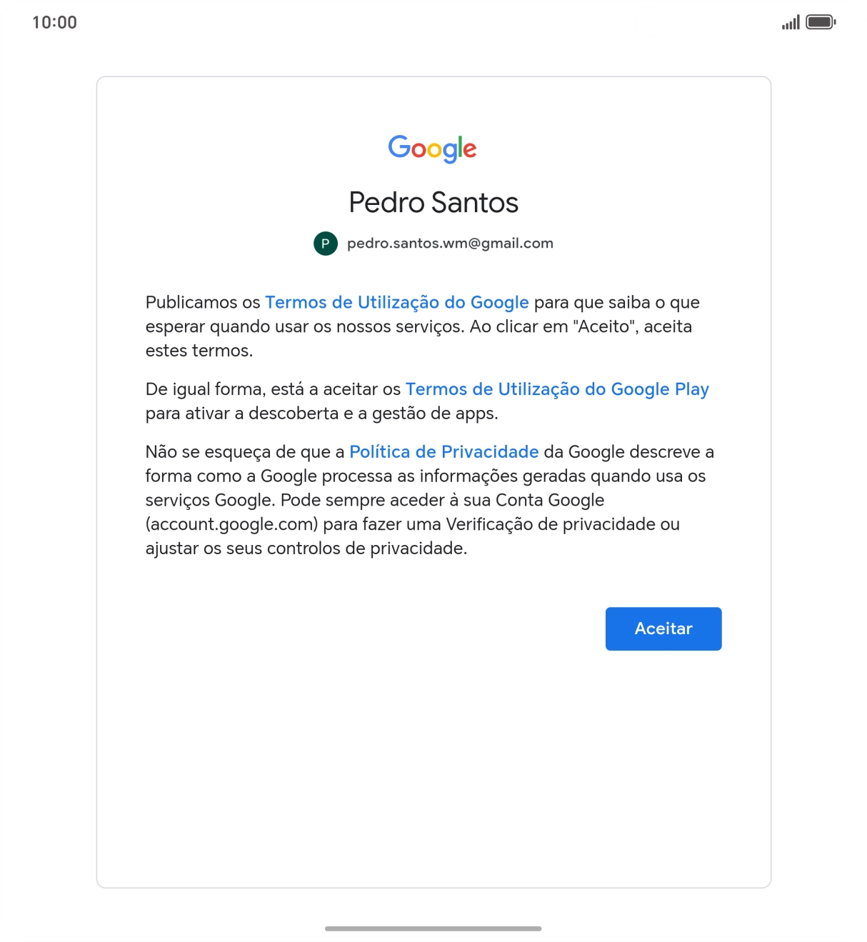 Prima Aceito e siga as indicações no ecrã para escolher as definições da conta Google.