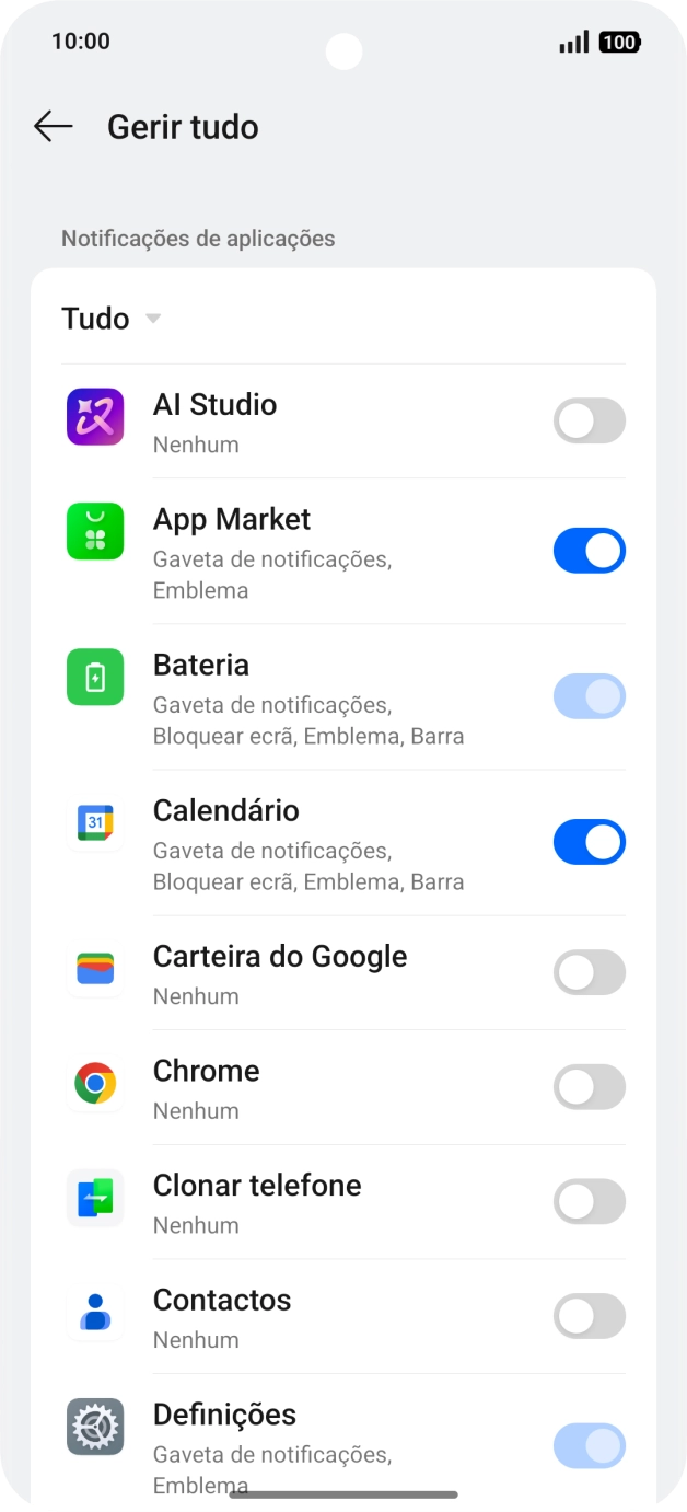 Prima o indicador junto às apps pretendidas para ativar ou desativar a função.
