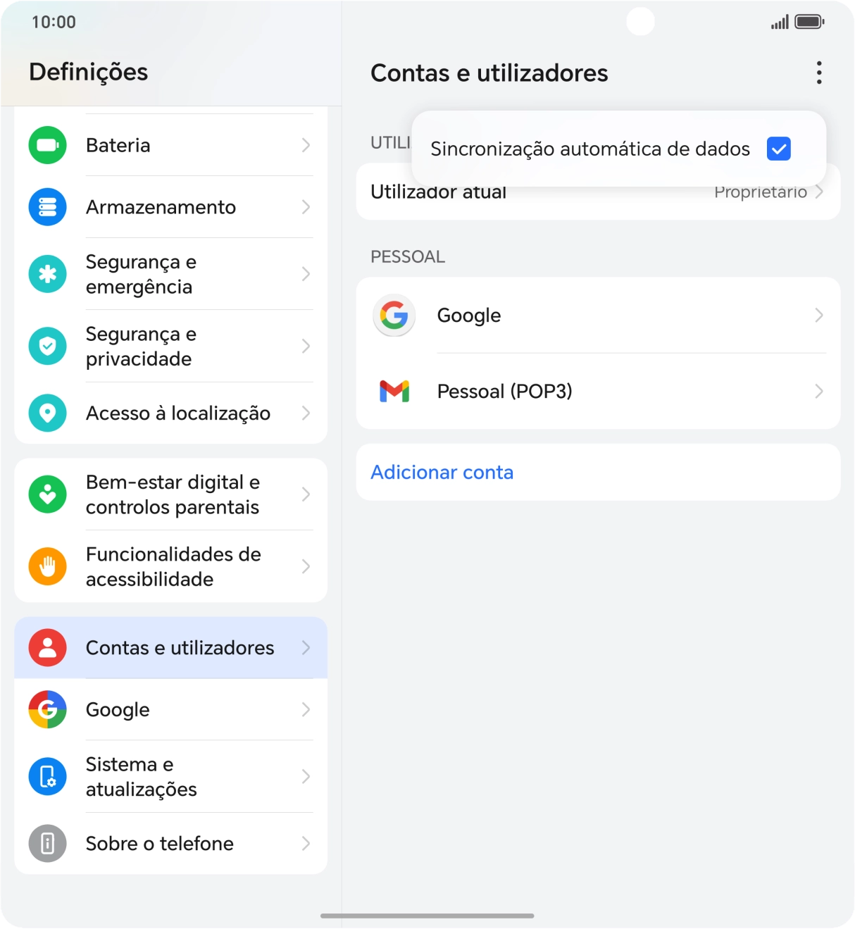 Prima Sincronização automática de dados para ativar ou desativar a função.