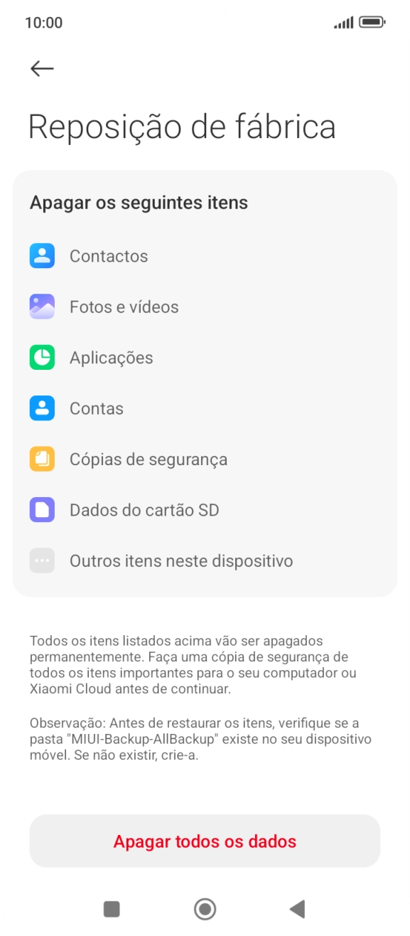 Prima Apagar todos os dados.