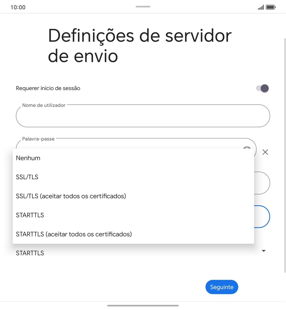Prima SSL/TLS para ativar a função.