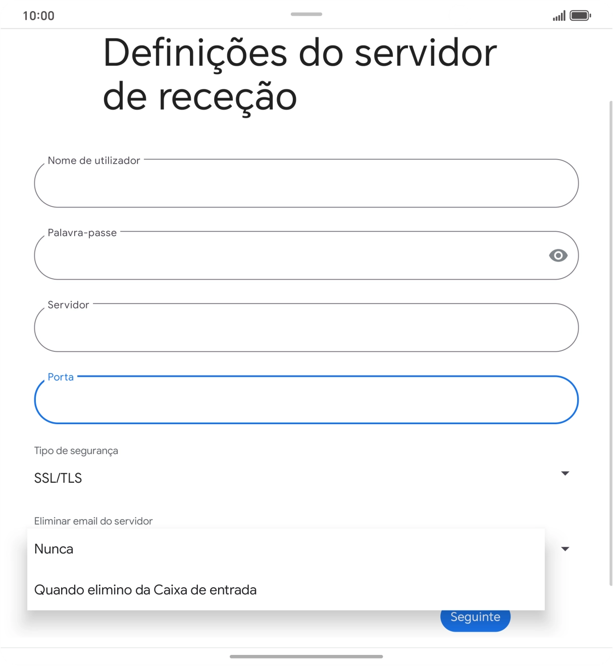 Prima Nunca para manter os e-mails no servidor quando estes são apagados no telefone.
