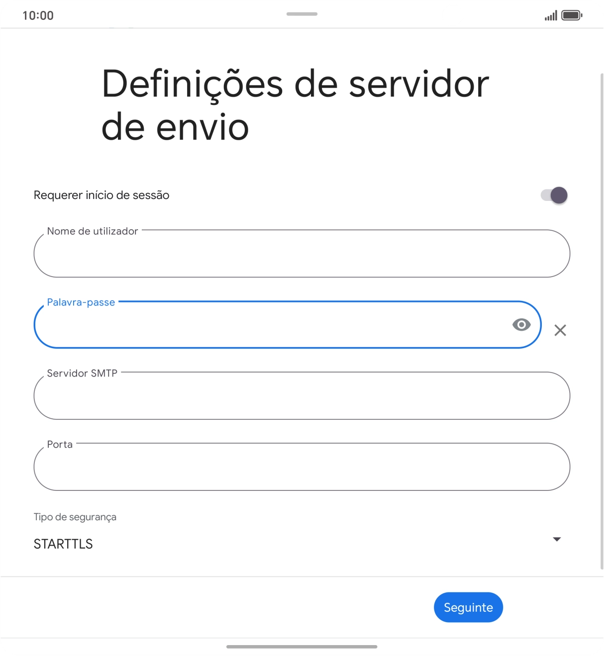 Prima Servidor SMTP e introduza o nome do servidor de envio do fornecedor de e-mail.