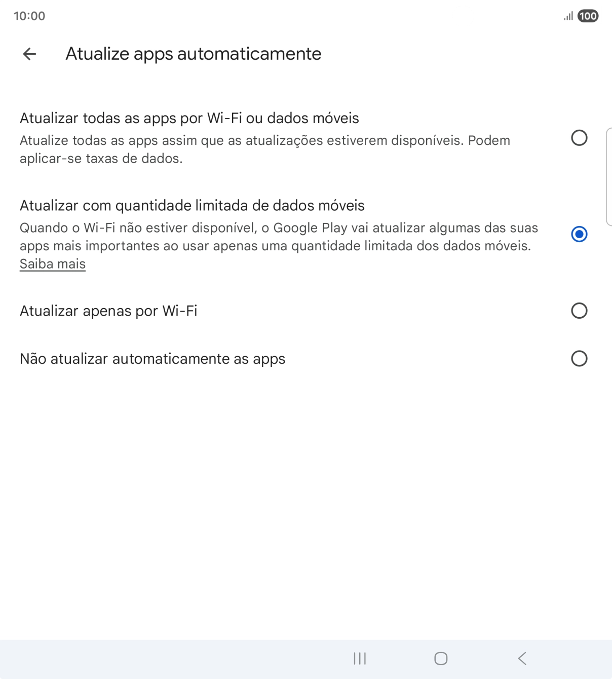 Para ativar a atualização automática de apps via redes móveis, prima Atualizar todas as apps por Wi-Fi ou dados móveis.