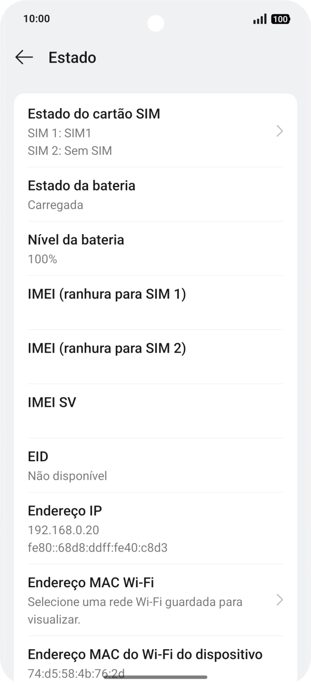 O código IMEI é mostrado no ecrã.