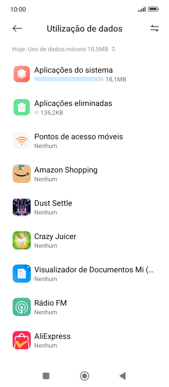 O consumo de dados de cada aplicação é mostrado sob o nome da aplicação.