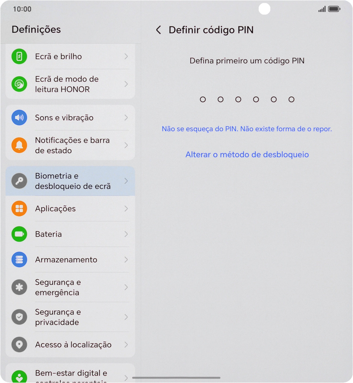 Prima Alterar o método de desbloqueio.