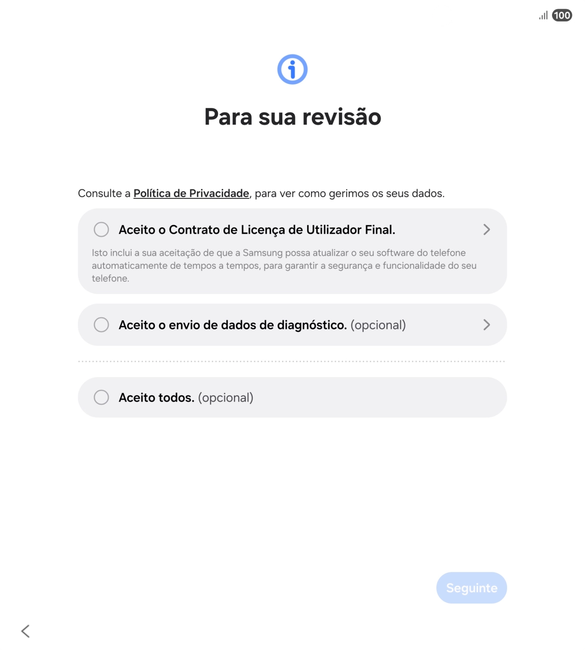 Prima o campo ao lado das definições pretendidas para as selecionar.