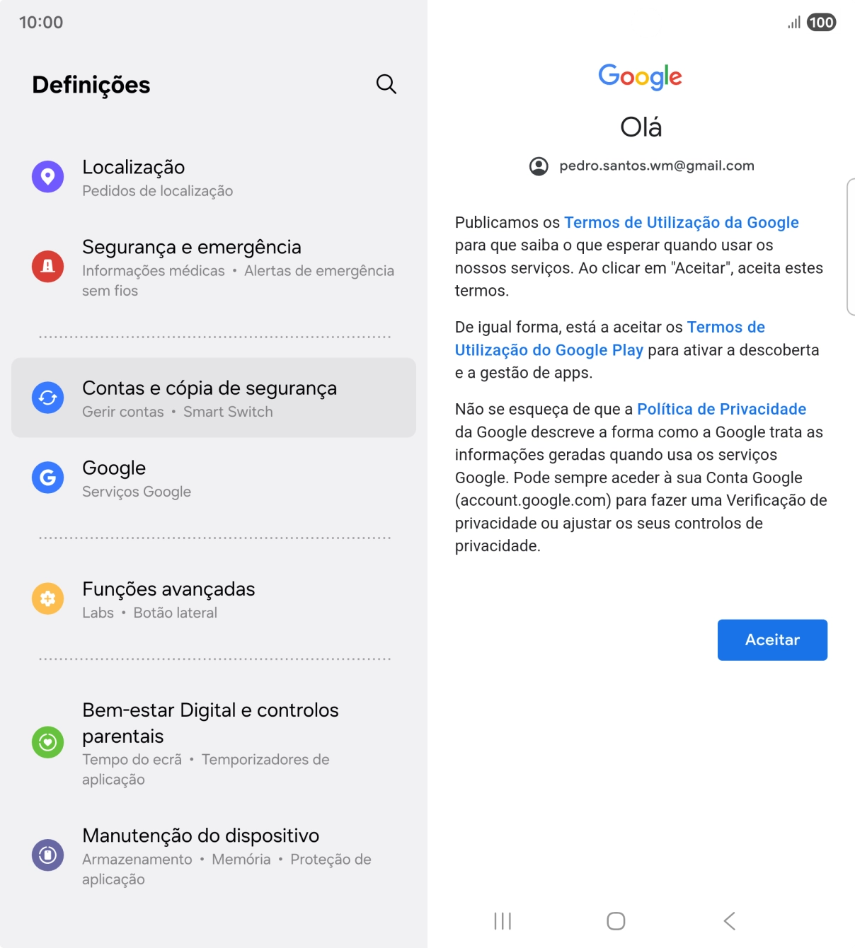 Prima Aceitar e siga as indicações no ecrã para escolher as definições da conta Google.