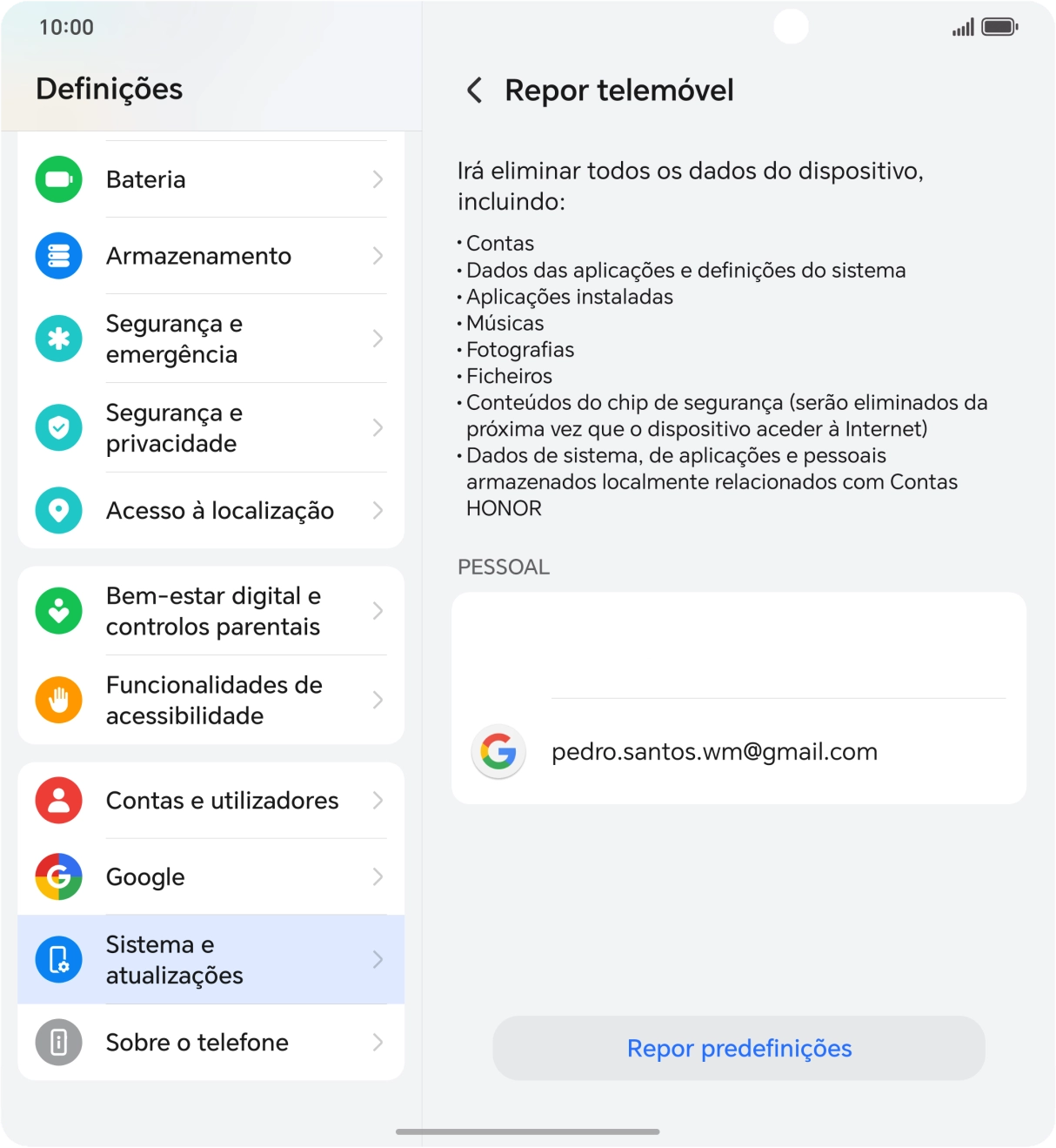 Prima Repor predefinições.