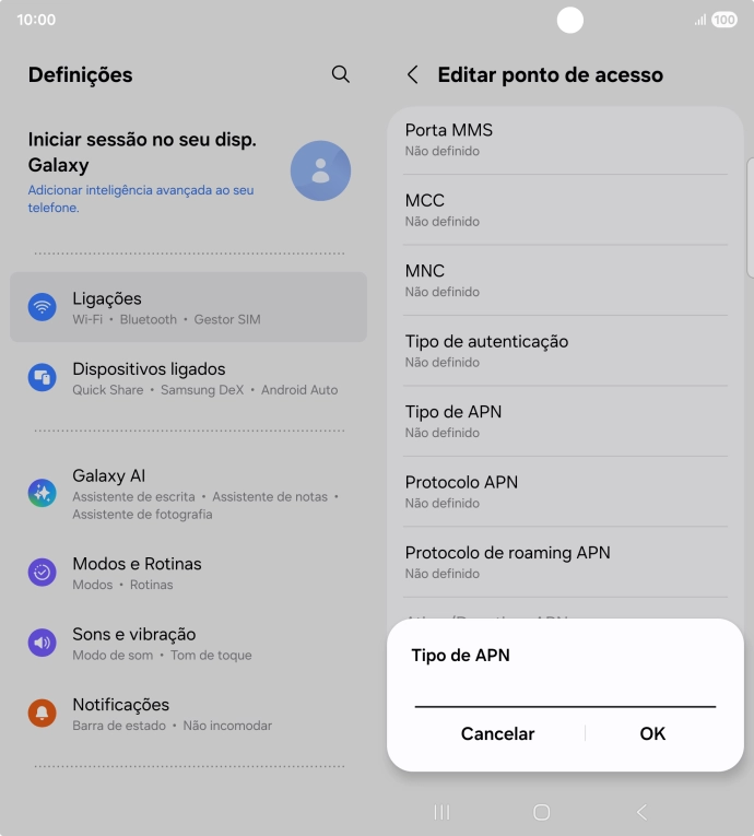 Introduza default e prima OK.