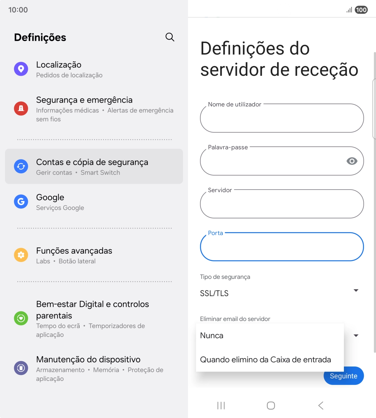 Prima Nunca para manter os e-mails no servidor quando estes são apagados no telefone.
