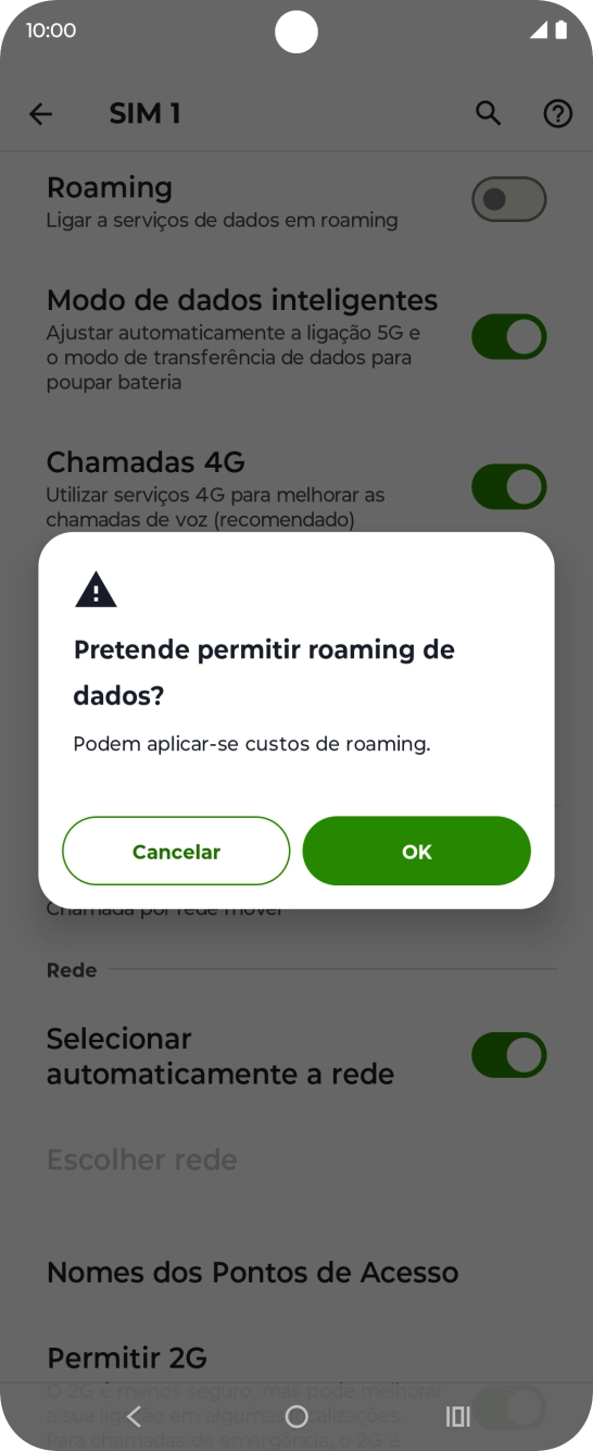 Para ativar o roaming de dados, prima OK.