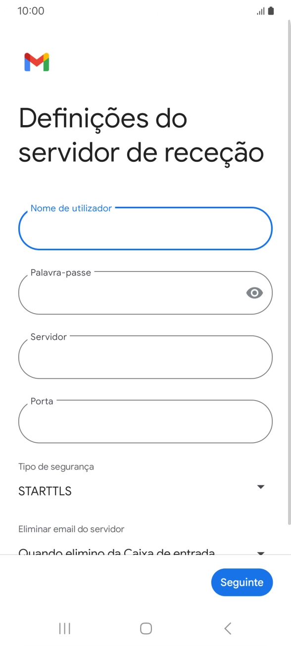 Prima Servidor e introduza o nome do servidor de receção do fornecedor de e-mail.
