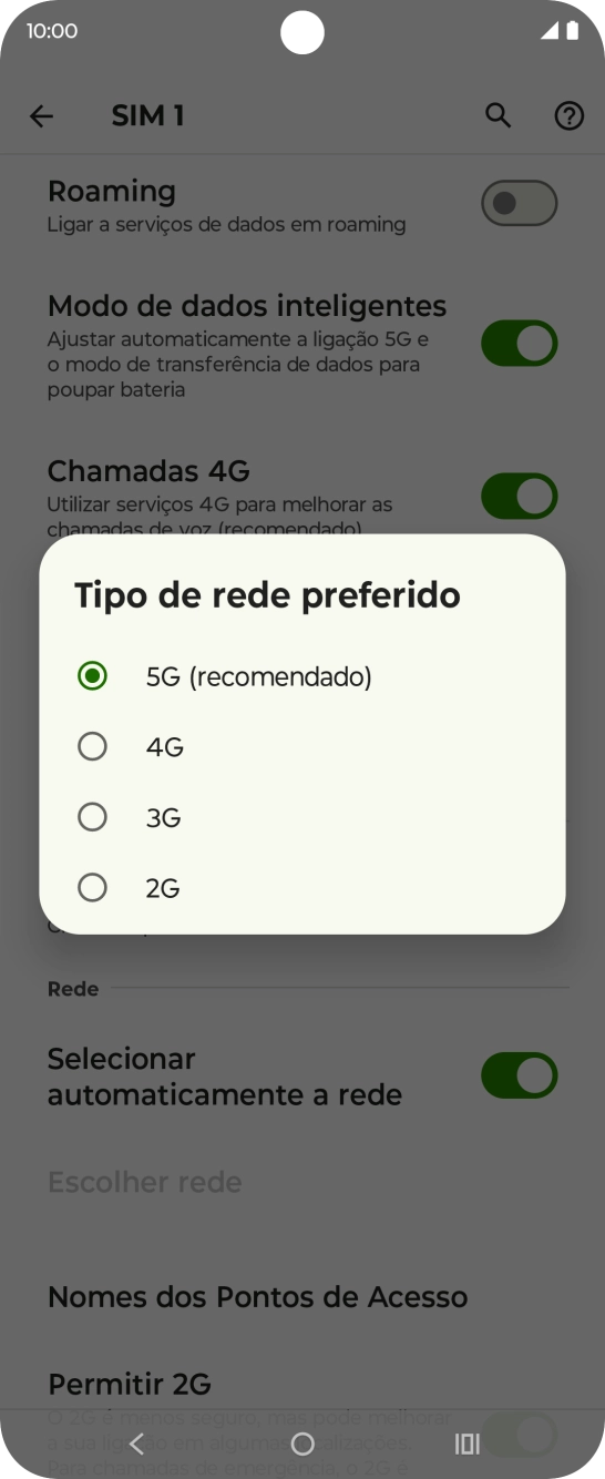 Prima o tipo de rede pretendido.