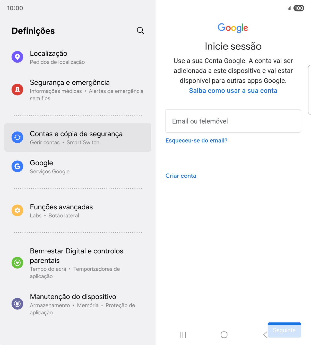 Se não tiver uma conta Google, prima Criar conta e siga as indicações no ecrã para criar uma conta.