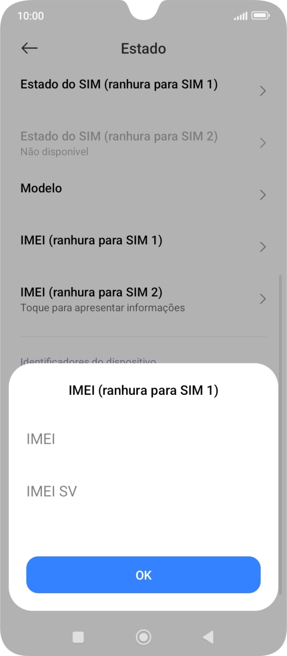 O código IMEI é mostrado no ecrã.