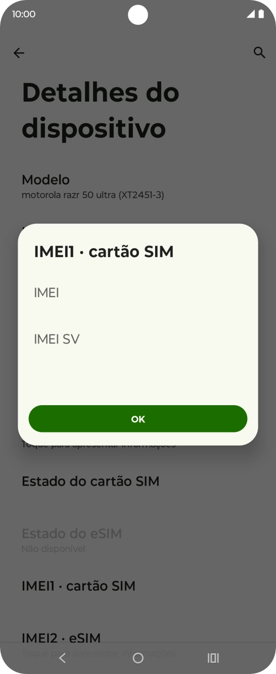 O código IMEI é mostrado no ecrã.
