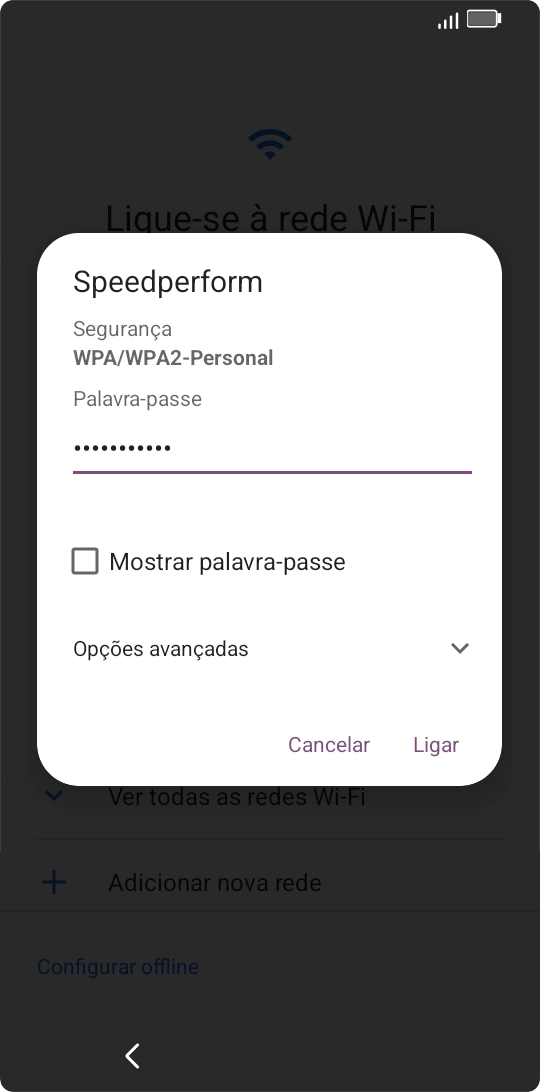 Introduza a password da rede Wi-Fi e prima Ligar.
