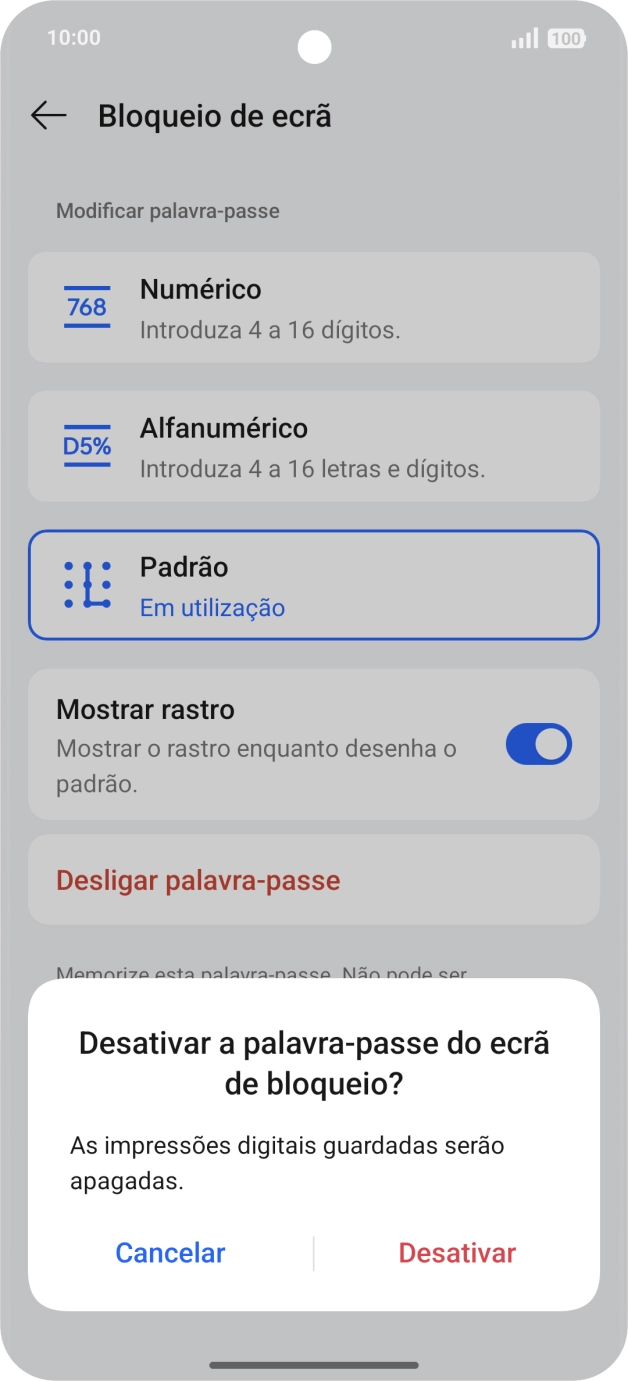Prima Desativar e introduza o código adicional de bloqueio do telefone que criou anteriormente.