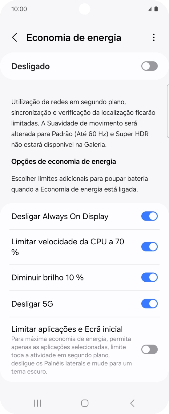 Prima os indicadores junto às definições pretendidas para as ativar ou desativar.