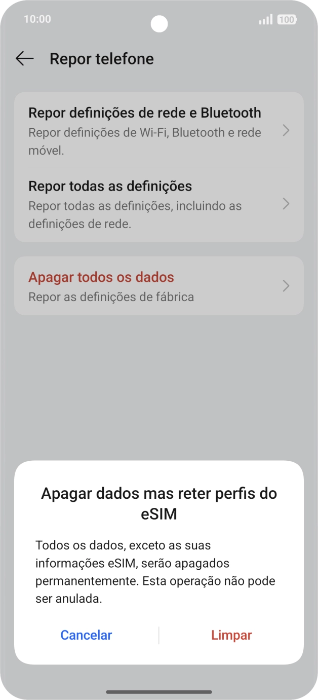 Prima Limpar. Aguarde um momento enquanto o telefone restabelece as definições originais. Siga as indicações no ecrã para configurar o telefone de modo que este fique pronto a ser utilizado.