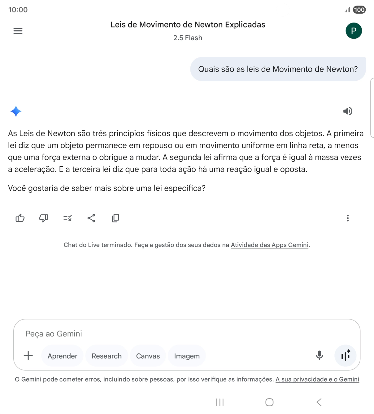 A transcrição da conversa com a Gemini Live é agora mostrada no ecrã.