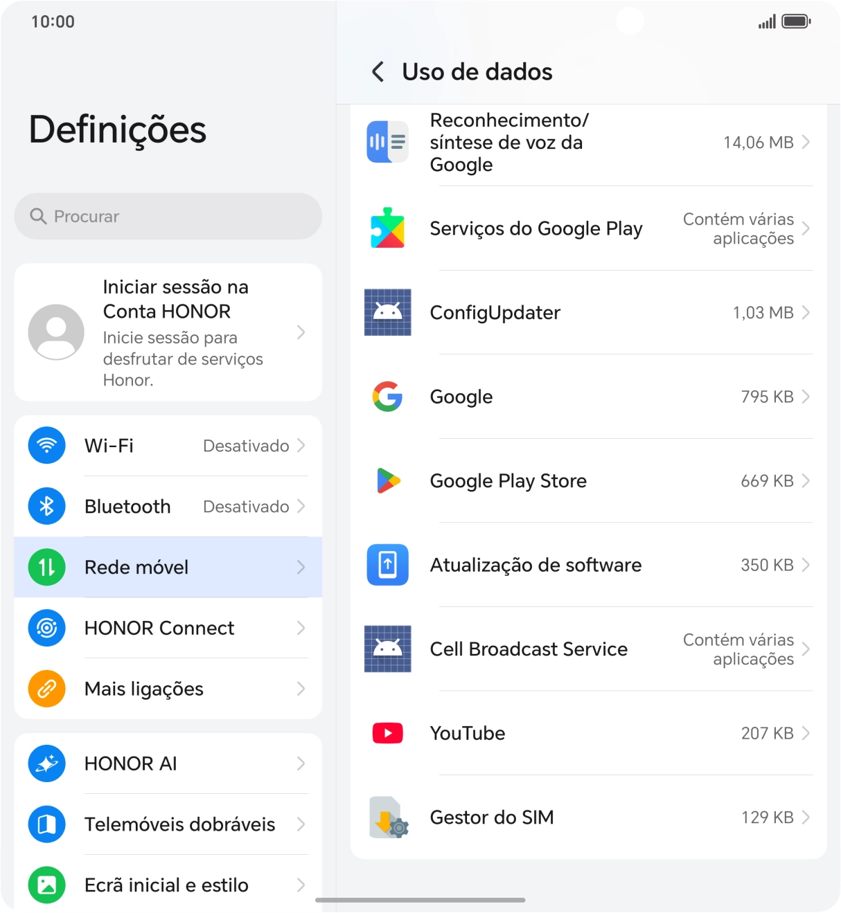 O consumo de dados de cada aplicação é mostrado junto do nome da aplicação.