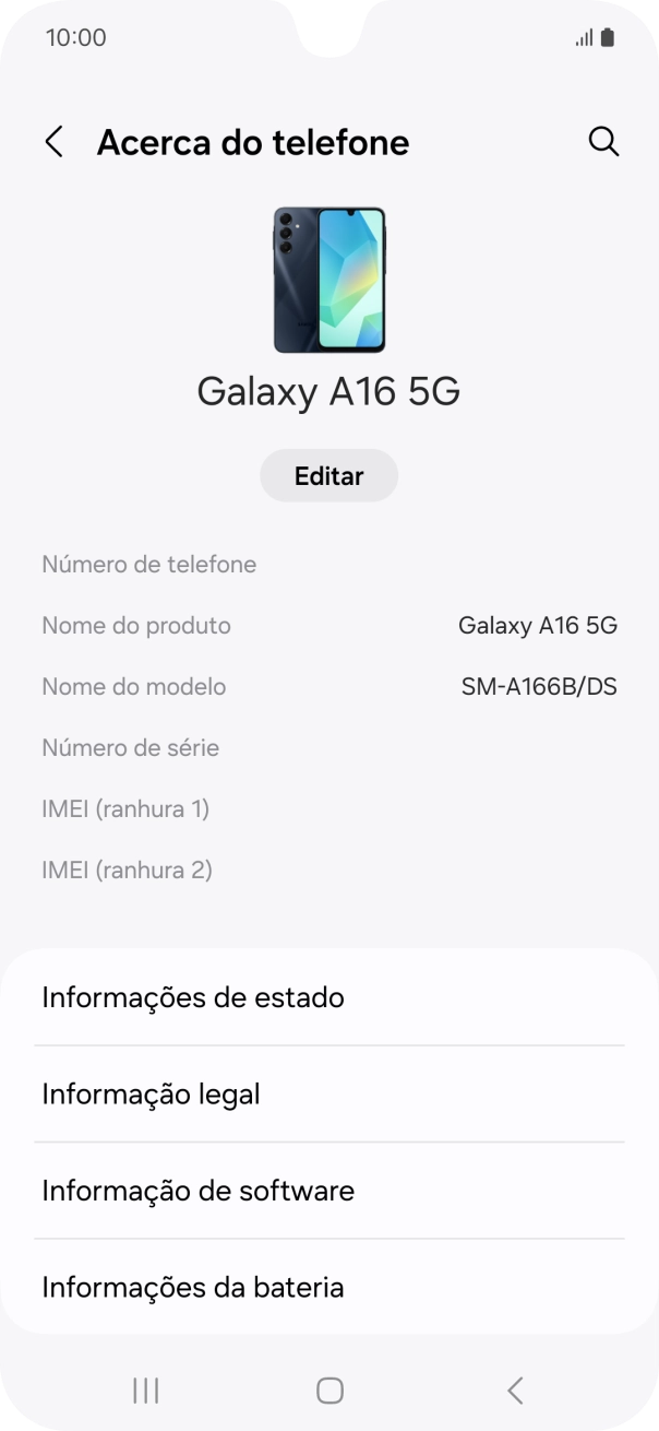 O código IMEI é mostrado no ecrã.