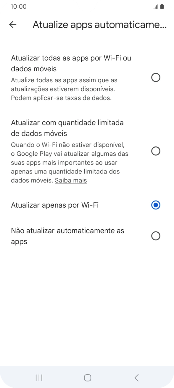 Para ativar a atualização automática de apps via redes móveis, prima Atualizar todas as apps por Wi-Fi ou dados móveis.