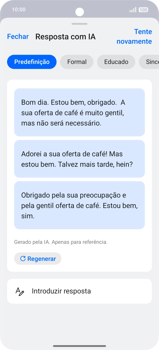 As sugestões de texto são mostradas no ecrã.