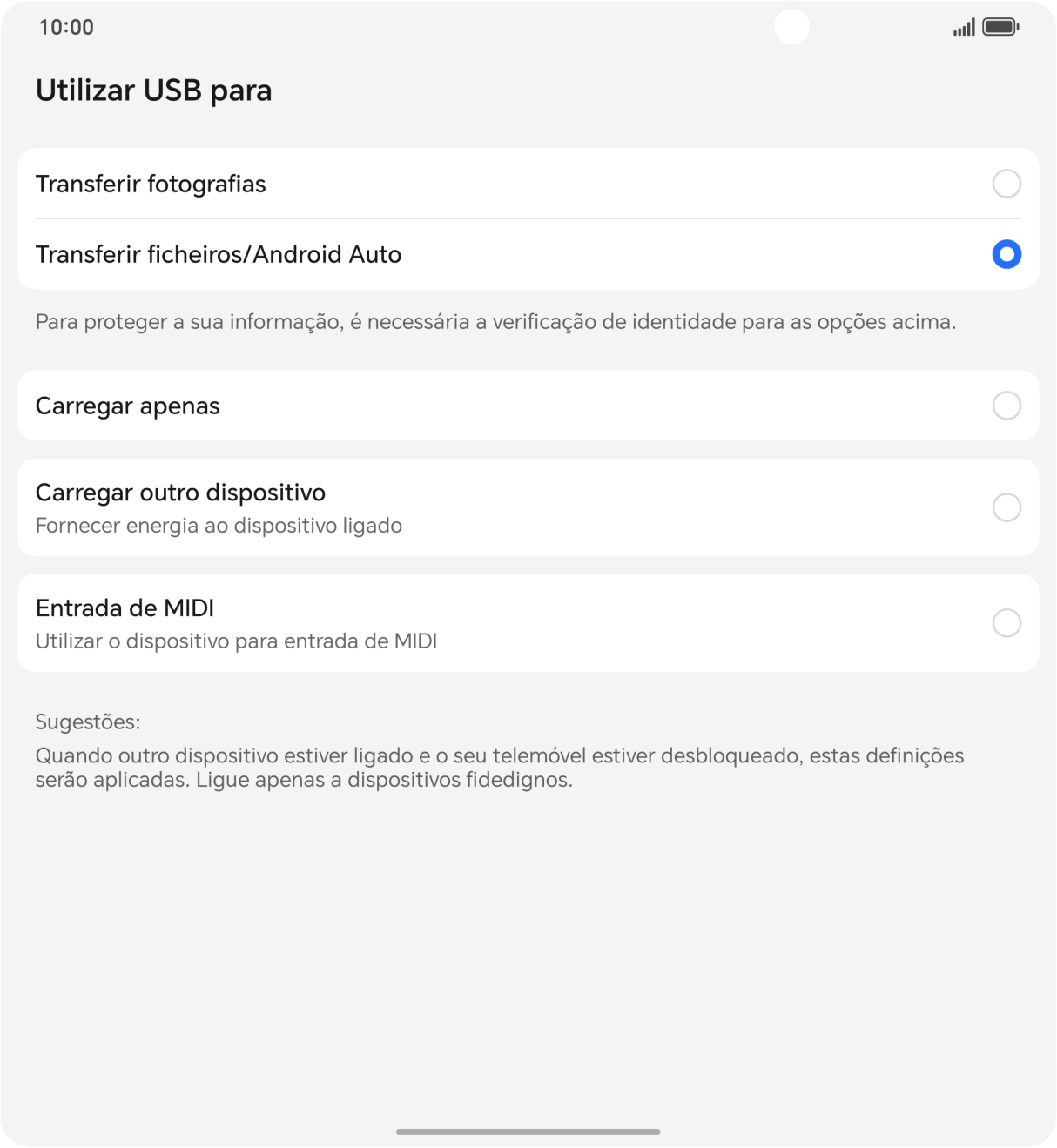 Prima Transferir ficheiros / Android Auto.