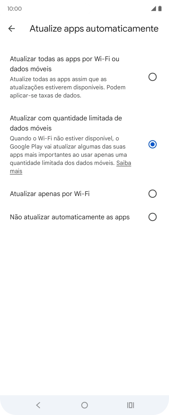 Para ativar a atualização automática de apps via redes móveis, prima Atualizar todas as apps por Wi-Fi ou dados móveis.