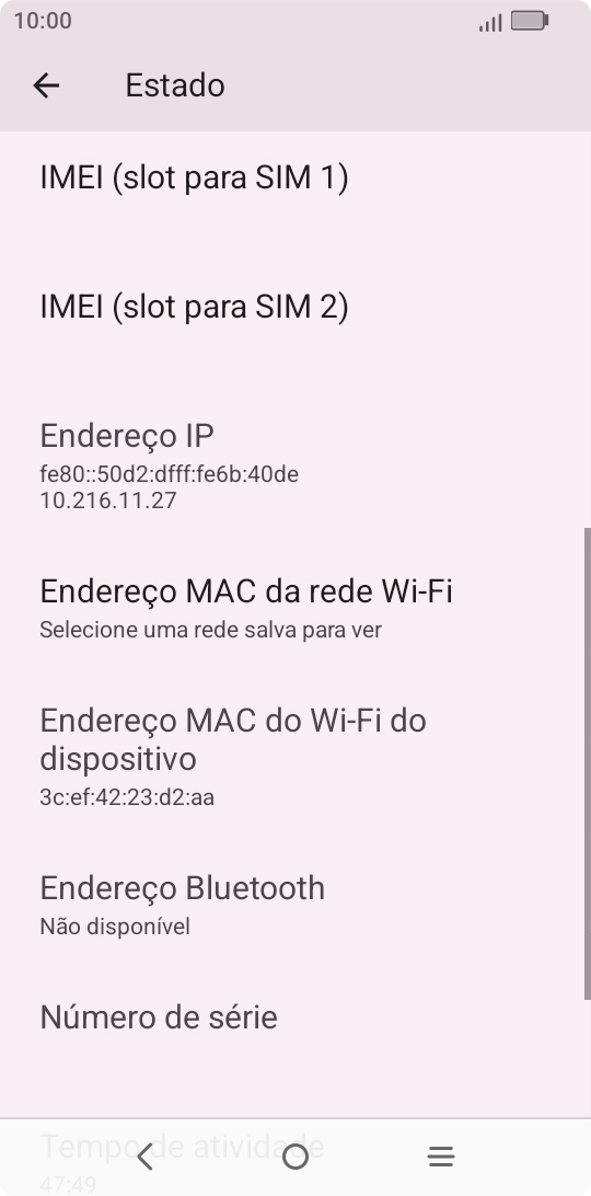 O código IMEI é mostrado no ecrã.
