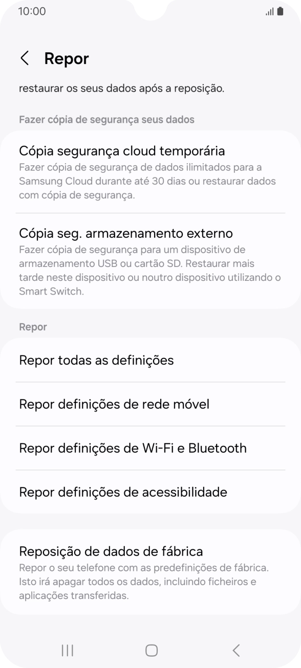 Prima Repor definições de rede móvel.