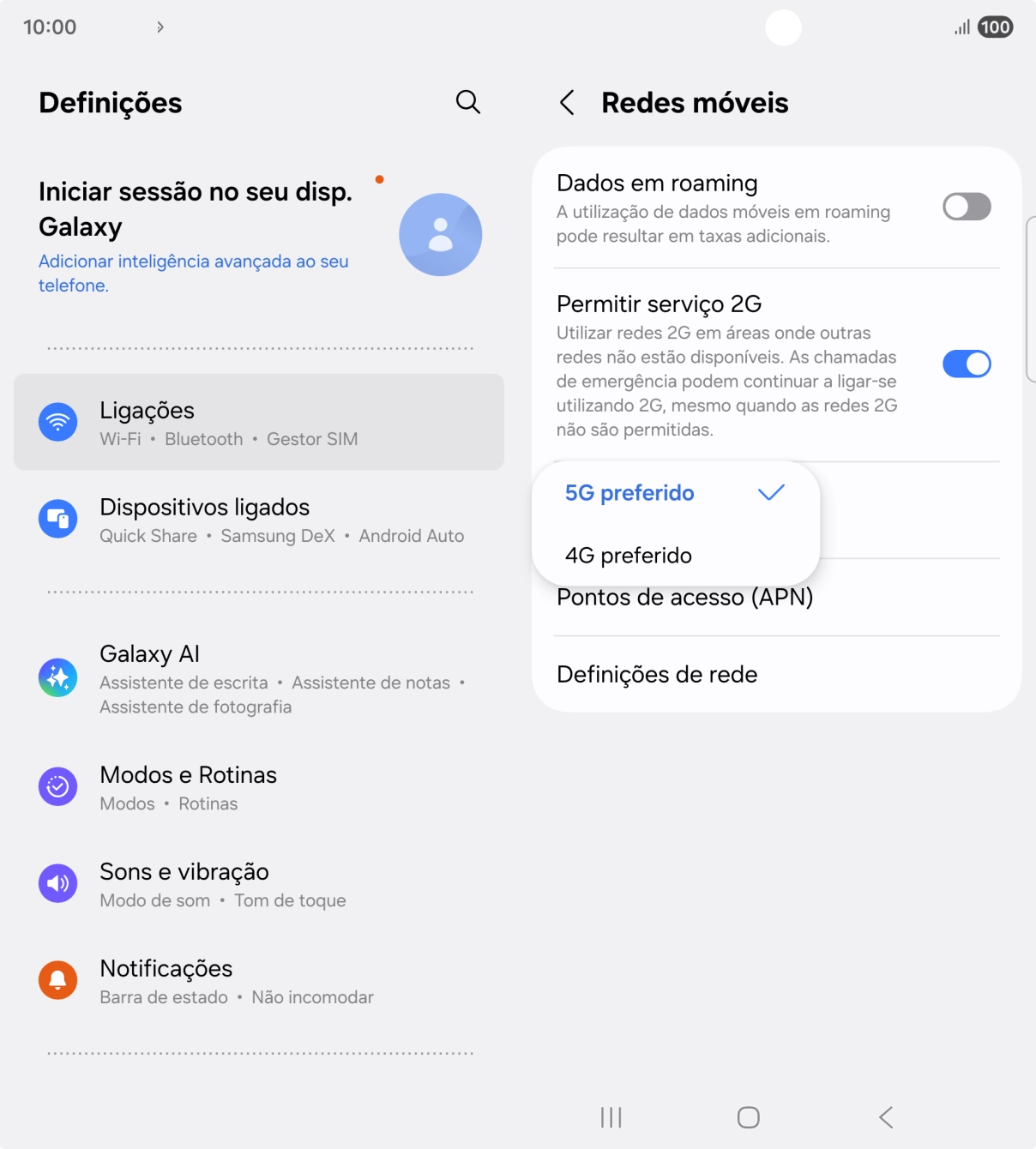 Prima o tipo de rede pretendido.