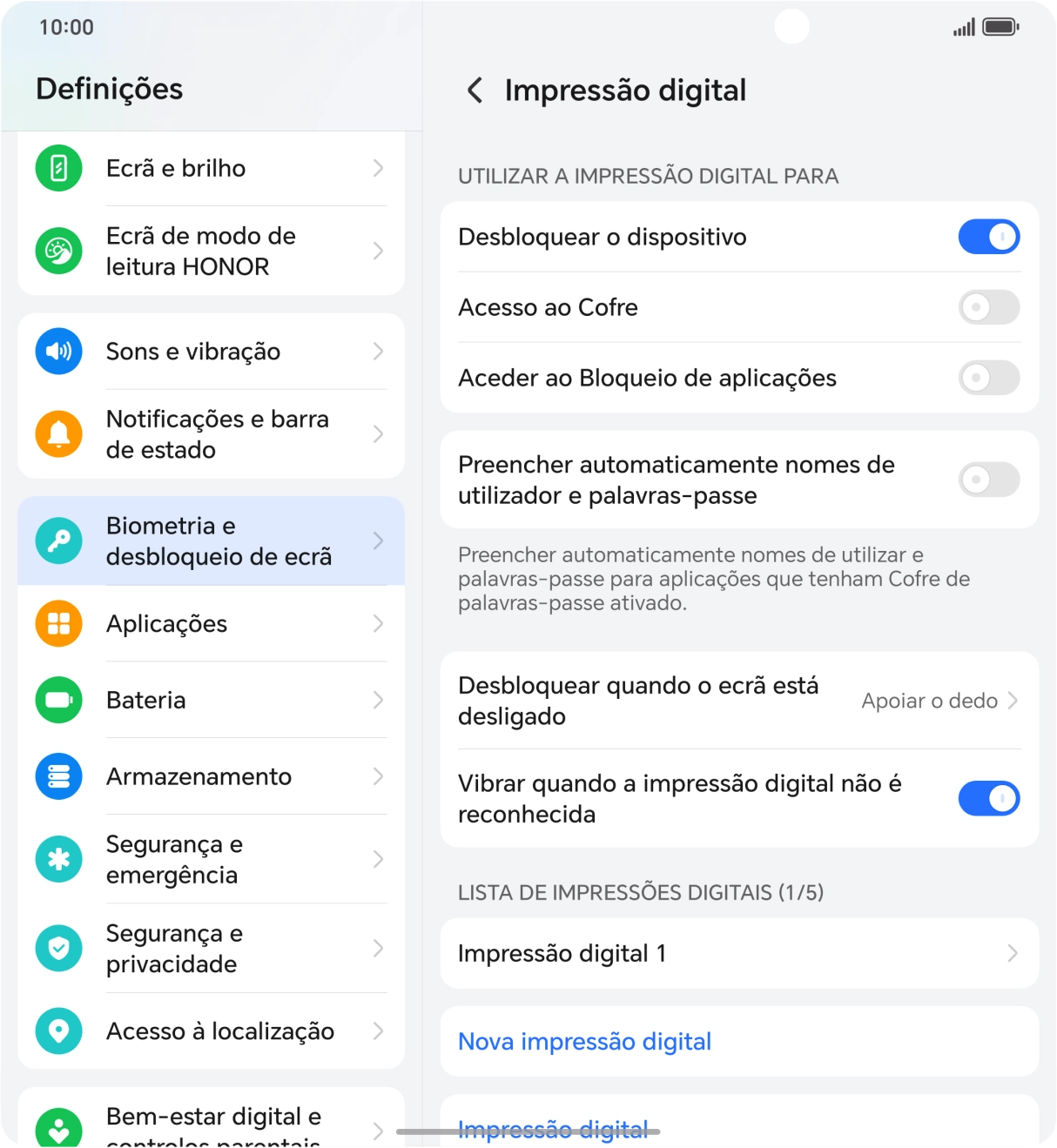 Prima os indicadores junto às definições pretendidas para as ativar ou desativar.