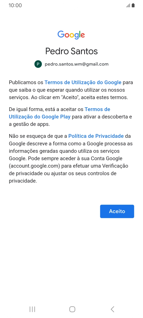 Prima Aceito e siga as indicações no ecrã para escolher as definições da conta Google.