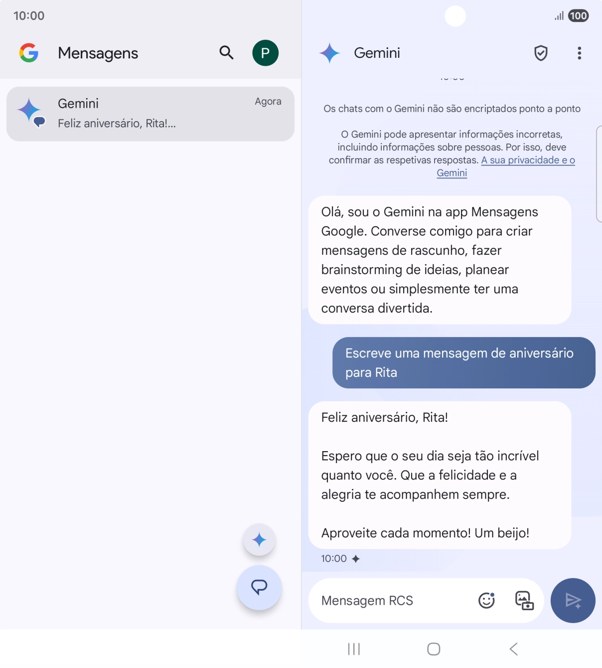 As sugestões de texto da Gemini são agora mostradas no ecrã.