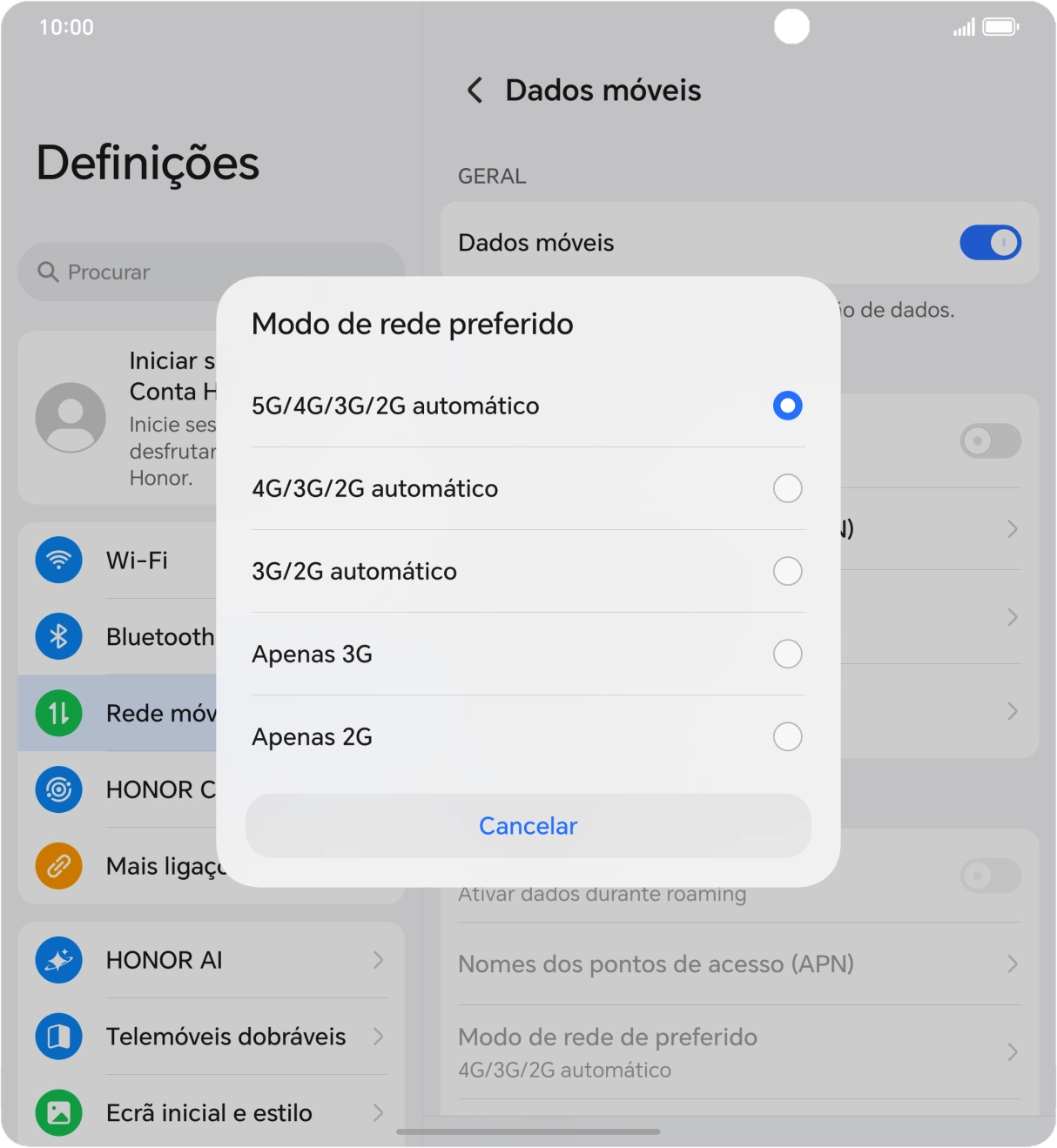 Prima o tipo de rede pretendido.