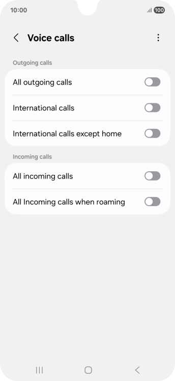 Press the indicator next to the required barring type to turn the function on or off.