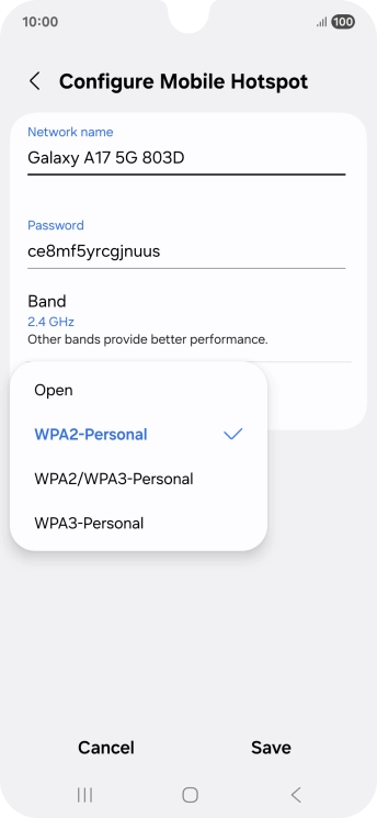 Press WPA3-Personal to password protect your Wi-Fi hotspot.
