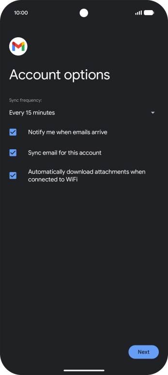 If this screen is displayed, your email account has been recognised and set up automatically. Follow the instructions on the screen to key in more information and finish setting up your phone.