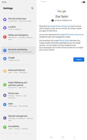 Press I agree and follow the instructions on the screen to select settings for your Google account. Press I agree and follow the instructions on the screen to select settings for your Google account.