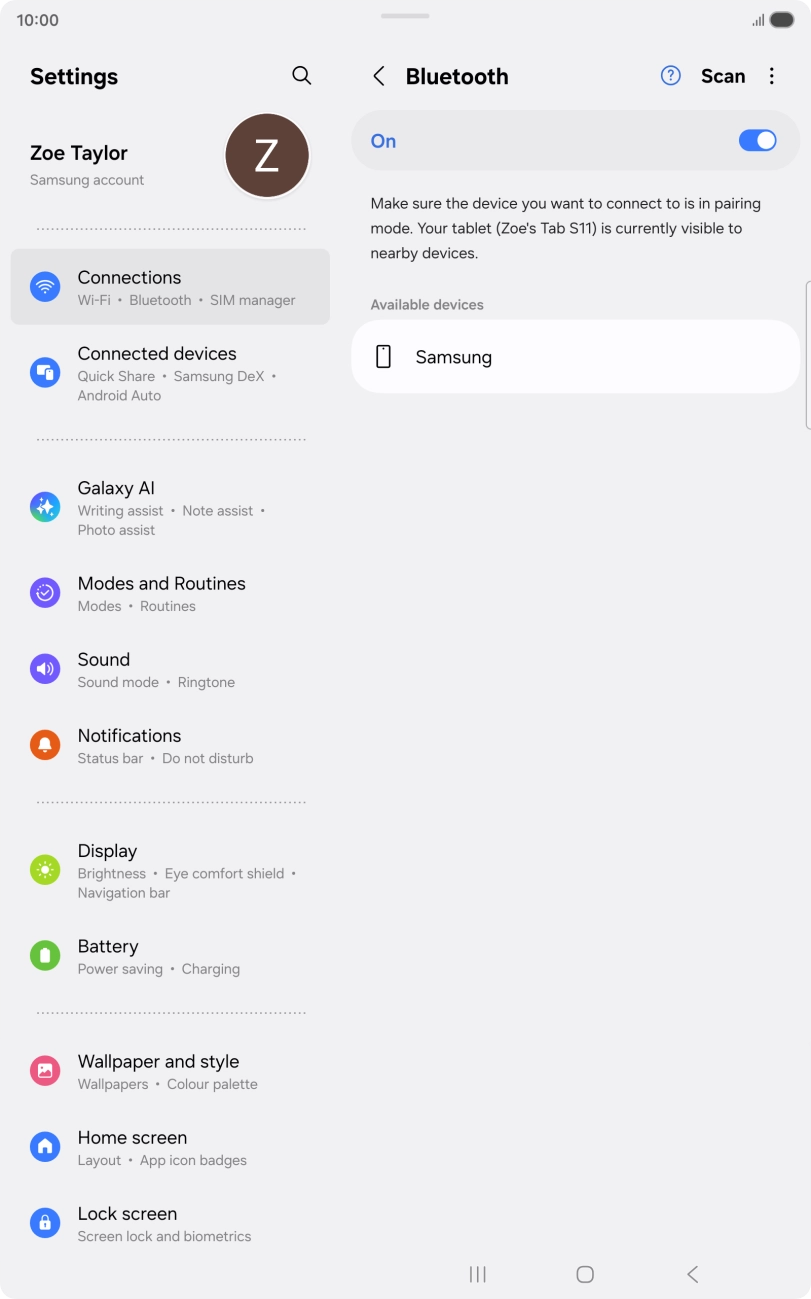 Press the required Bluetooth device and follow the instructions on the screen to pair the device with your tablet.