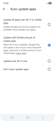 To turn on automatic update of apps using mobile network, press Update all apps over Wi-Fi or mobile data.