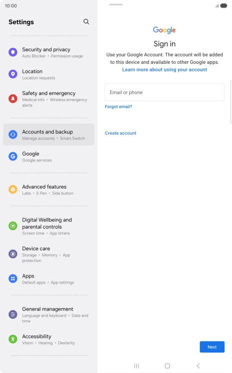 If you don't have a Google account, press Create account and follow the instructions on the screen to create an account. If you don't have a Google account, press Create account and follow the instructions on the screen to create an account.